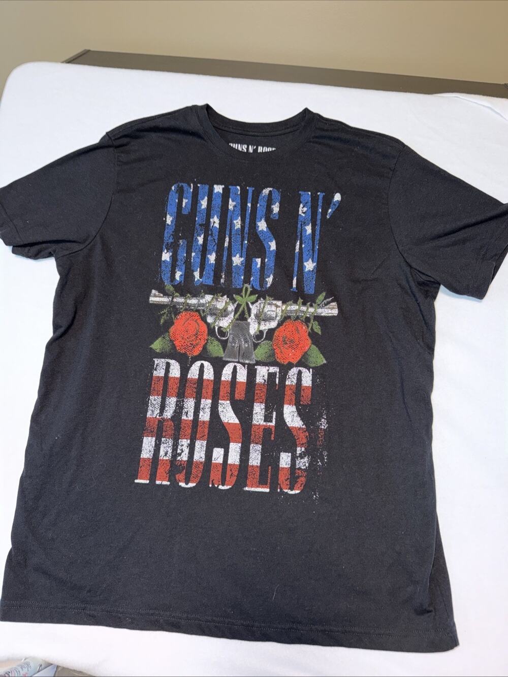 Guns N’ Roses Distressed American Flag Logo Band T-Shirt XL Black Rock Tee